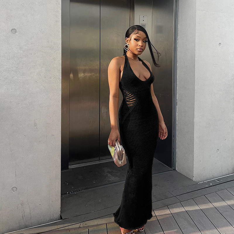 Side Waist Hollow out Knit Dress Sexy Open Back Tight Wrapped Hip Beach Long Dress