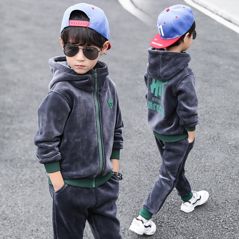 Children Clothing Set Double-sided Velvet Fashion Letter Hooded 2PCS Hoodies Coat Pants Kids Boys Tracksuit for Autumn Winter