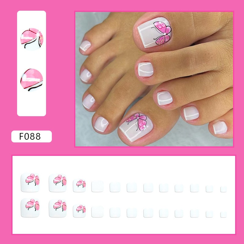 White French Nude Pink Short Fake Toenails Shiny Rhinestone Summer Flower Toe False Nails Detachable Press on Toenails with Glue