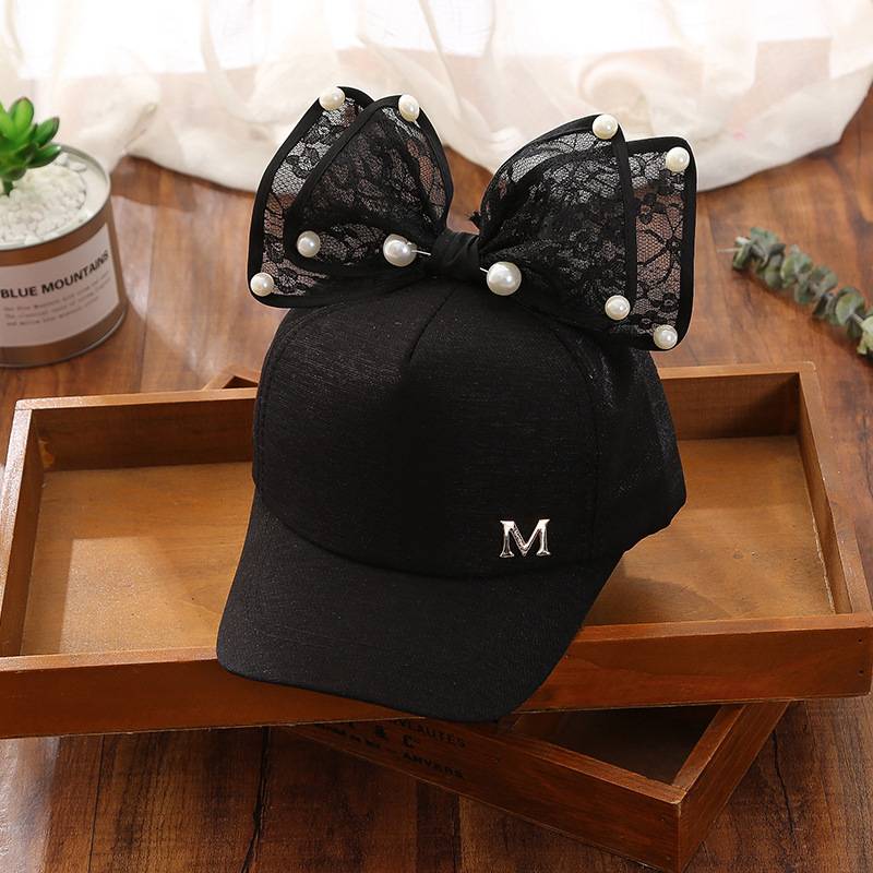 Girls Hat Lace Big Bow Child Baseball Cap M Letter Pearl Cap