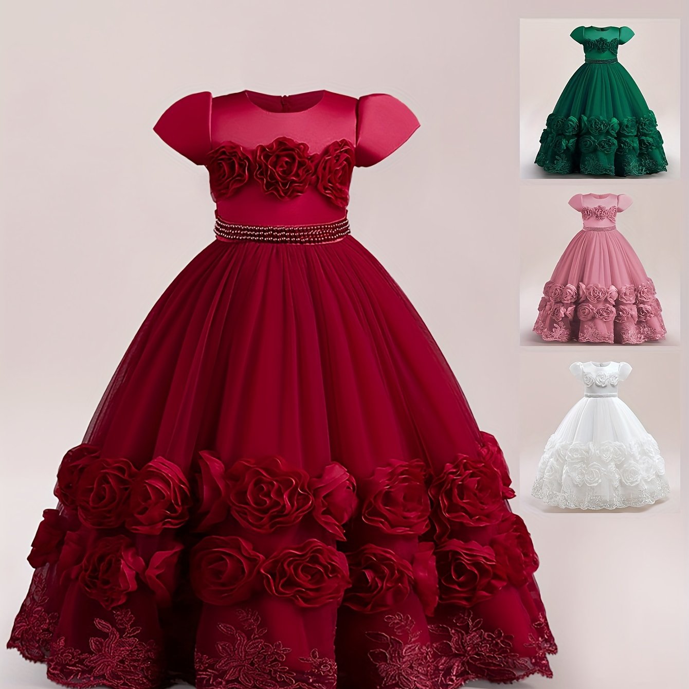 Girl Formal Dress Ball Gown 3D Flower & Lace Embroidered Dress For Kids Pageant Wedding Bridesmaid Party Maxi Princess Communion
