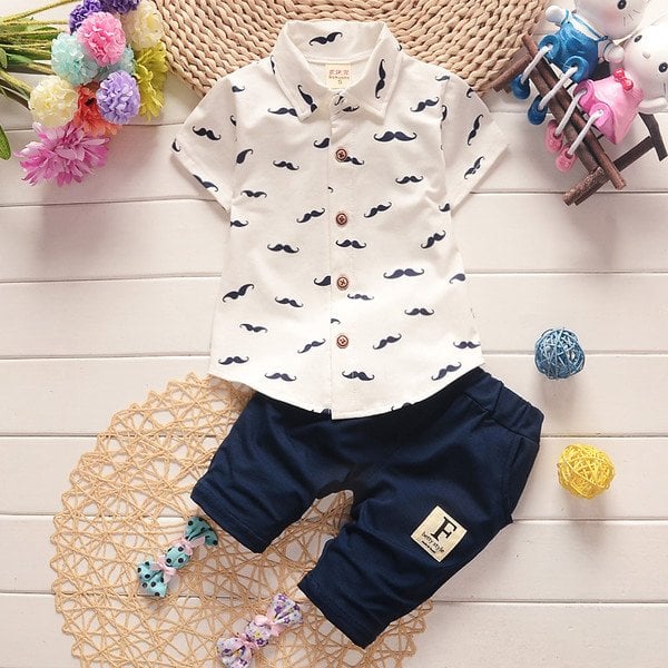 New summer boys short-sleeved beard print shirt short pant kids clothing set baby cotton suit