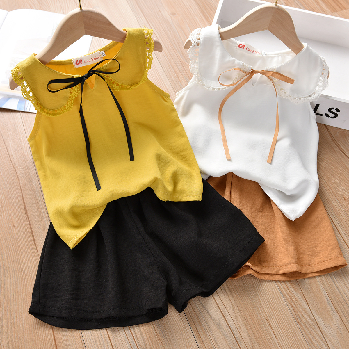 Sleeveless Baby Collar Tops + Broad Leg Shorts Sets for 1-6years Girls 2pcs Summer Kids Girl Cotton Outfits Children Clothes