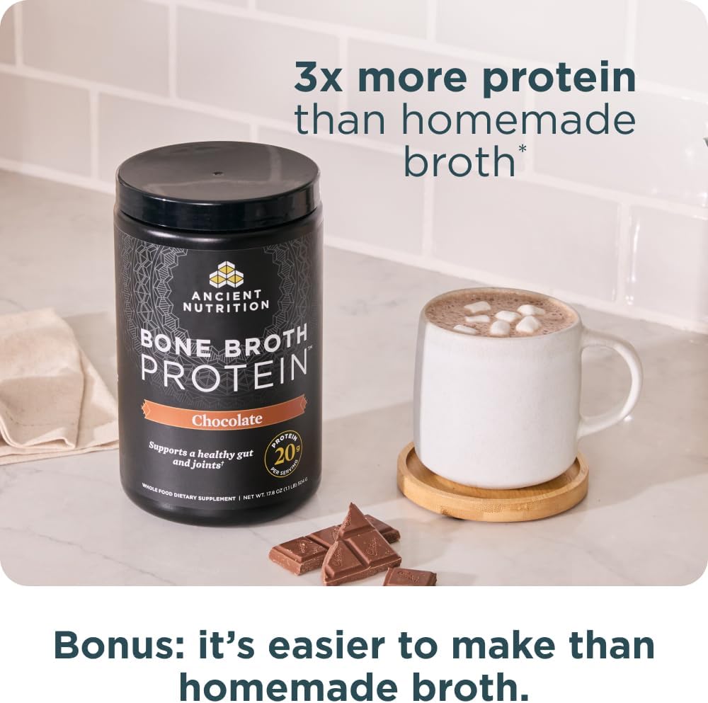 Ancient Nutrition Protein Powder Made from Real Bone Broth, Chocolate, 20g Protein Per Serving, 20 Serving Tub, Gluten Free Hydrolyzed Collagen Peptid
