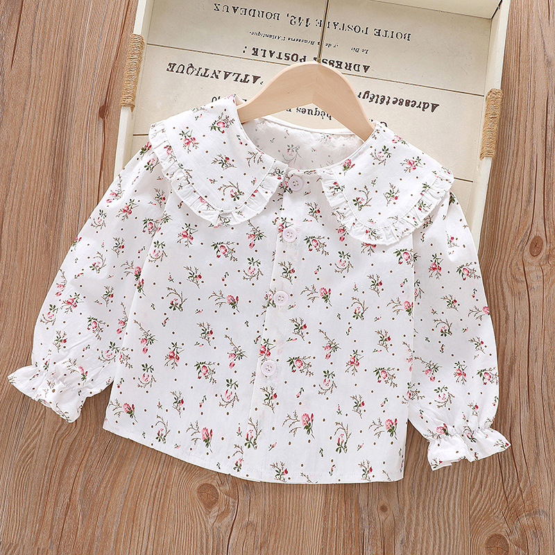 Girls Spring Autumn Shirts 2023 New Turn Down Collar Single Breasted Kids Tops Korean Style Fashion Floral Print Ruffles Shirts