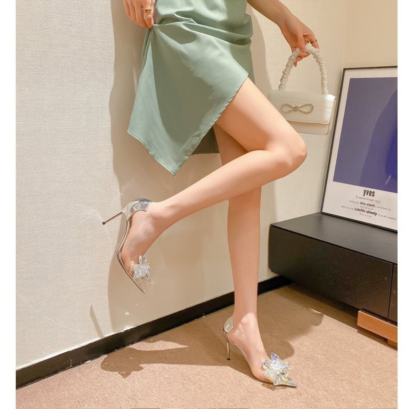 2023 Spring and Autumn New Korean Fashion Transparent Women's Thin Heel Pointed Rhinestone High Heels