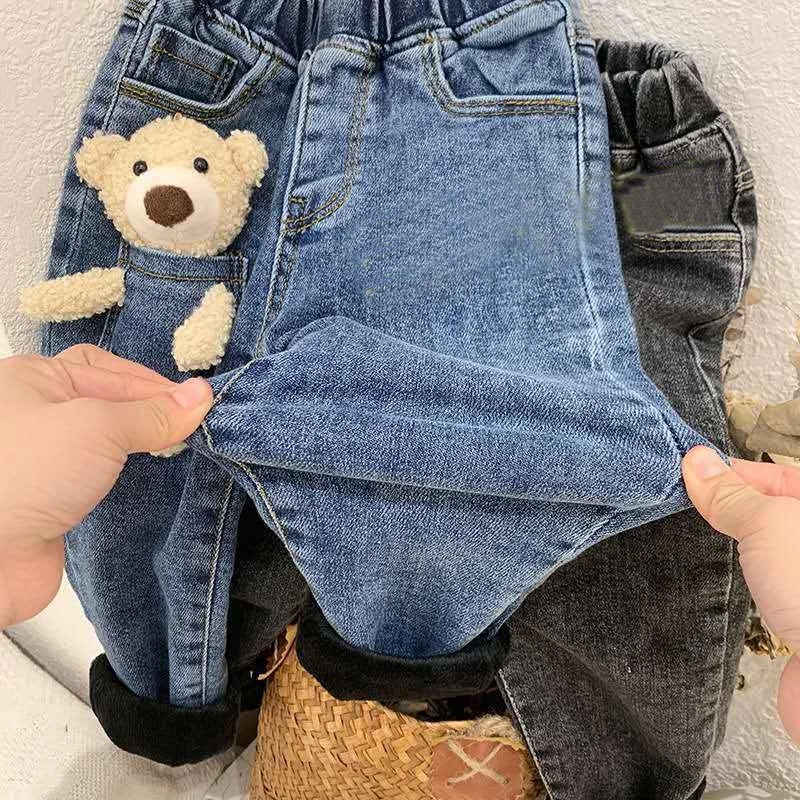 Baby pants 2-6Years Winter Girls Boys Cute Cartoon Bear Jeans Pant Baby Kids Children Thick Warm Fleece Denim Trousers