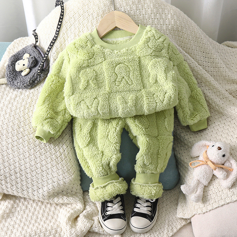 Children's pajama set warm autumn and winter pajamas children's boys and girls thickened home clothes plush baby clothing set