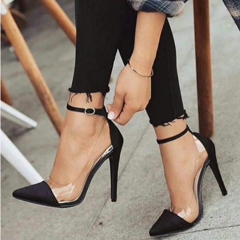2023 European and American new style high heels pointed toe color matching belt buckle fashion ladies single shoes