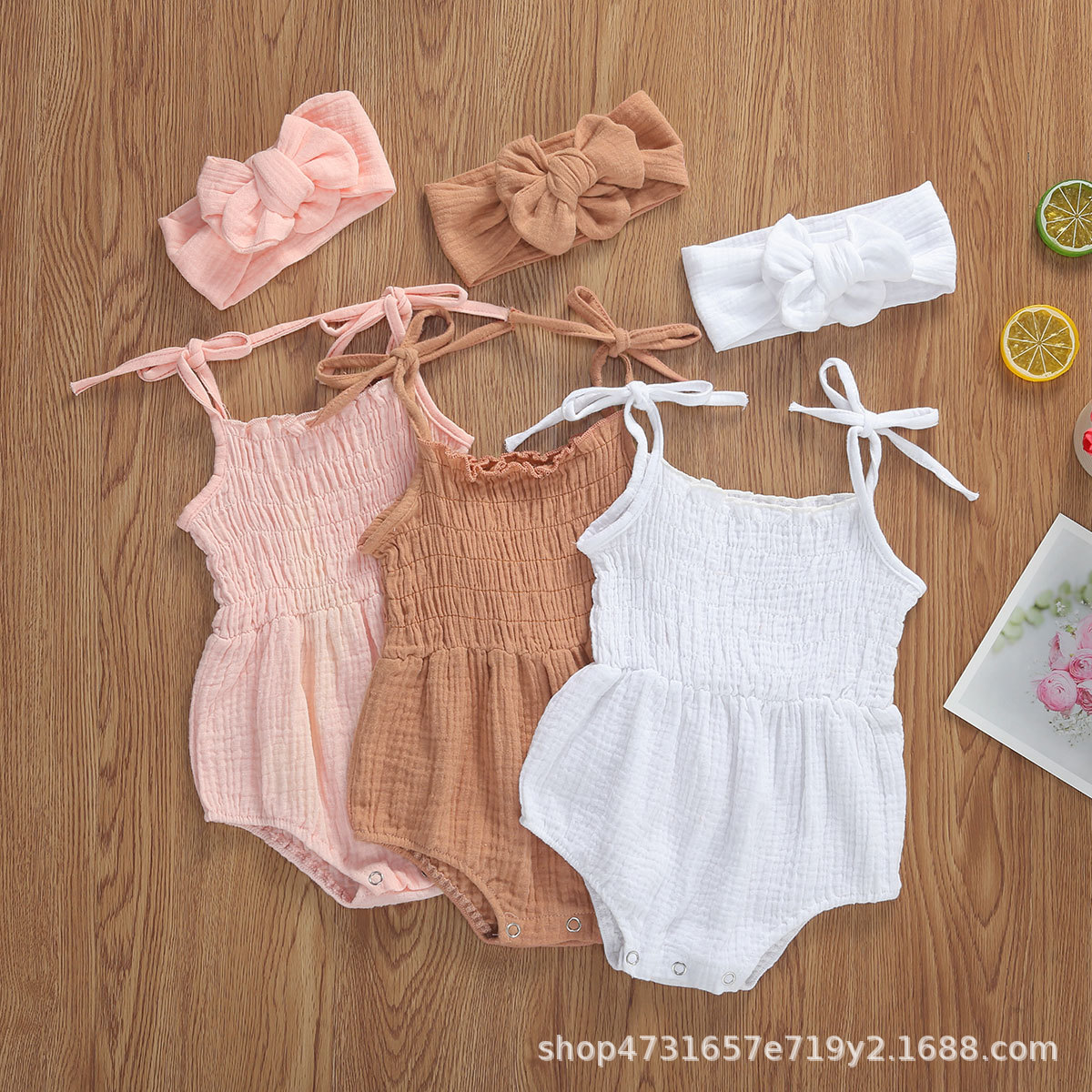 Summer Solid Newborn Baby Girls Cotton Linen Bodysuits Sleeveless Strap Jumpsuits+Headband 2Pcs Outfits Beachwear