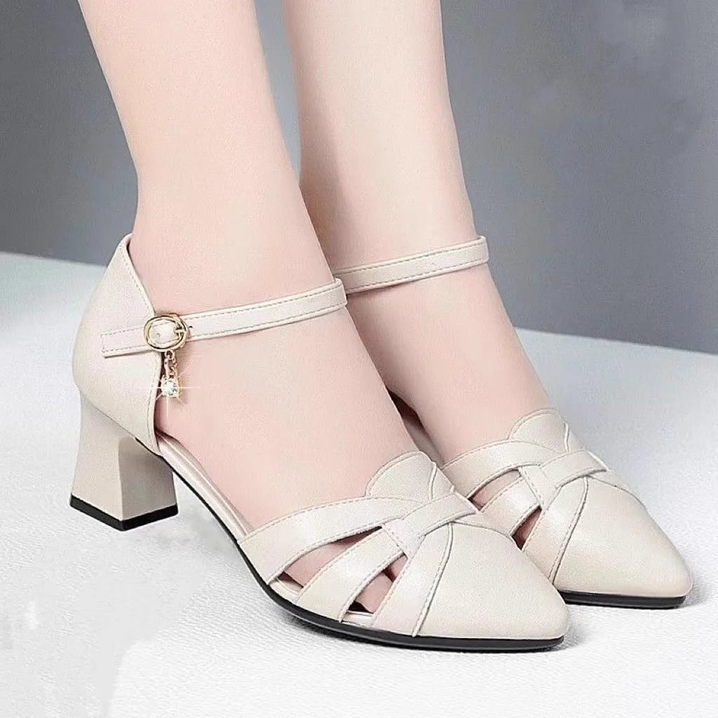Women Fashion Black Hollow Out Buckle Strap Square Heel Shoes Lady Casual Elegant Eeige Shoes For Office