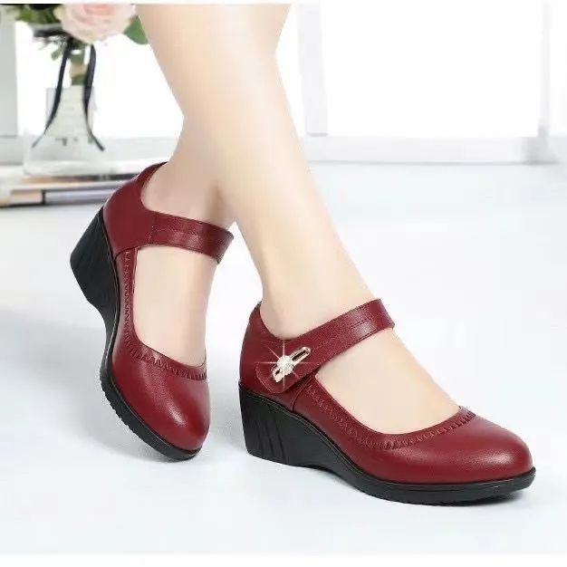 Spring Casual Wedges Women Black Soft Leather Shoes Fashion Comfort Round Head Work Office Pumps Luxury Anti-slip Shoes