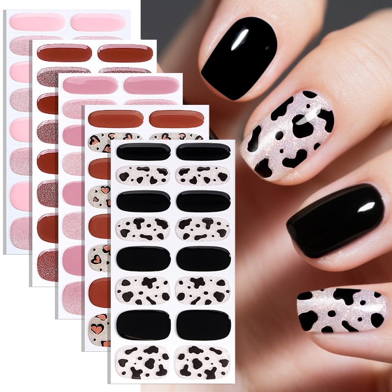 16Tips French Stripe Gel Nail Strips Full Cover Shining Polka Dot Baking-Free Gel Nail Stickers DIY Manicure Decoration
