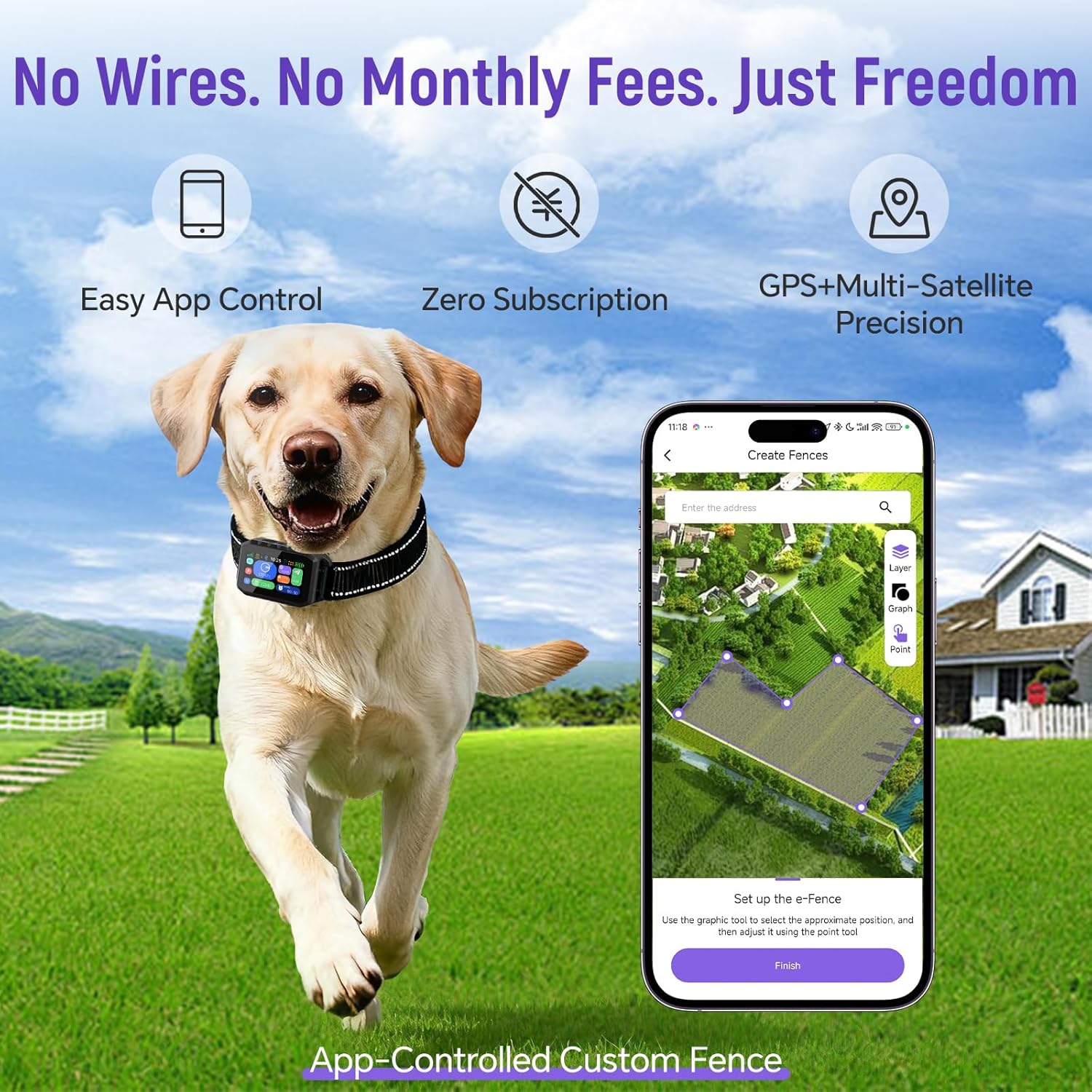 GPS Wireless Dog Fence – Free App Control, Custom GPS Boundary, Beep/Vibration/Static Modes, IP67 Waterproof, Long Battery Life, for Dogs 10–120 lbs,