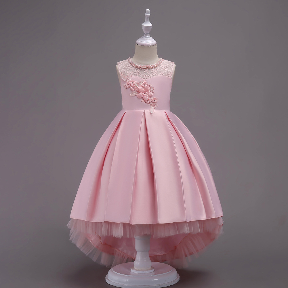 Hot Selling Cotton Mini Satin Fabric Girls Trailing Lace Dress Flower Kids Dresses for Girls Banquet Show Dress for Summer