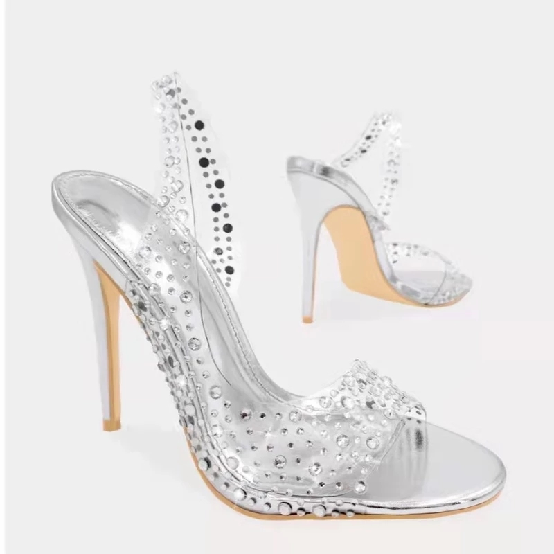 New Champagne Silver Gold Crystal Bride Shoes Clear PVC Bling Rhinestone Slingback Party Sandals Open Toe Sparkly Heels