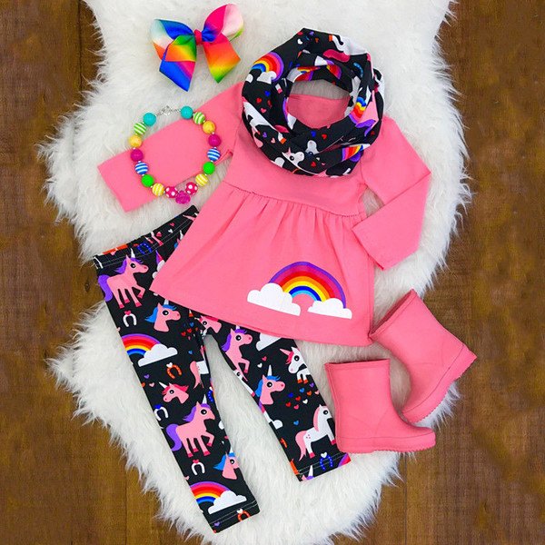 Unicorn Rainbow Kids Baby Girls Outfits Clothes T-shirt Tops Dress +Long Pants 2PCS Set Children's clothing
