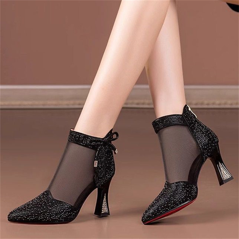Summer Womens Glamorous Rhinestone Glitter Boots Trendy Hollow Out Chunky Heels Point Toe Shoes