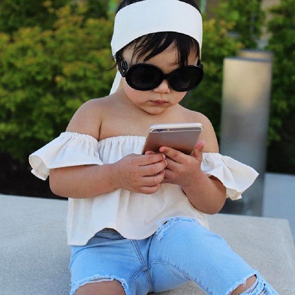 Toddler Girls Kids Off Shoulder Tops Denim Pants Jeans 3pcs Outfits Set Clothes