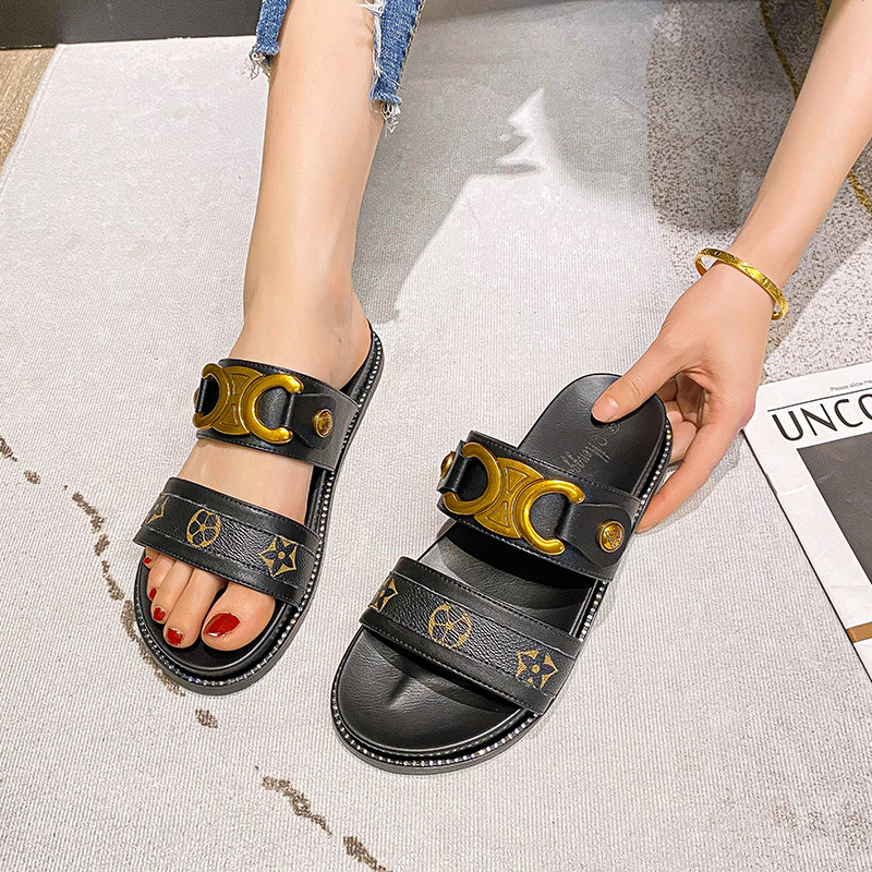Thick soled slippers women's sandals summer outerwear retro fashion one line strap large flat shoes 41-43