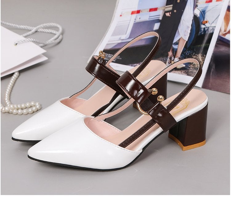2023 Spring/Summer New Single Shoe Women's Pointed Thick Heel Baotou Women's Shoes Mid Heel Button High Heel Shoes