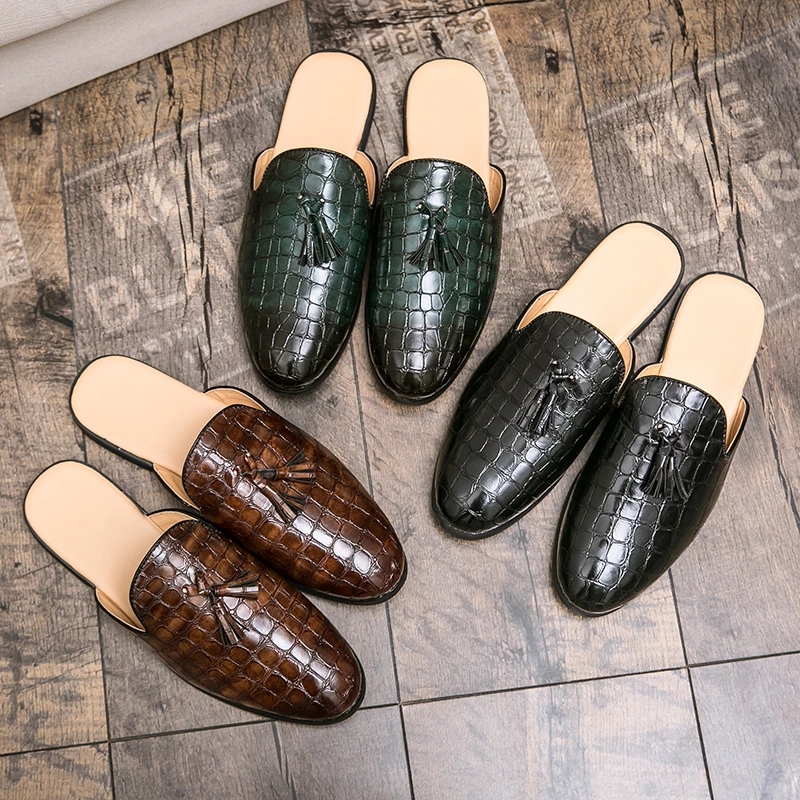 Black patent leather crocodile men half shoes slippers Baotou sandals and slippers small leather shoes foot tassel shoes