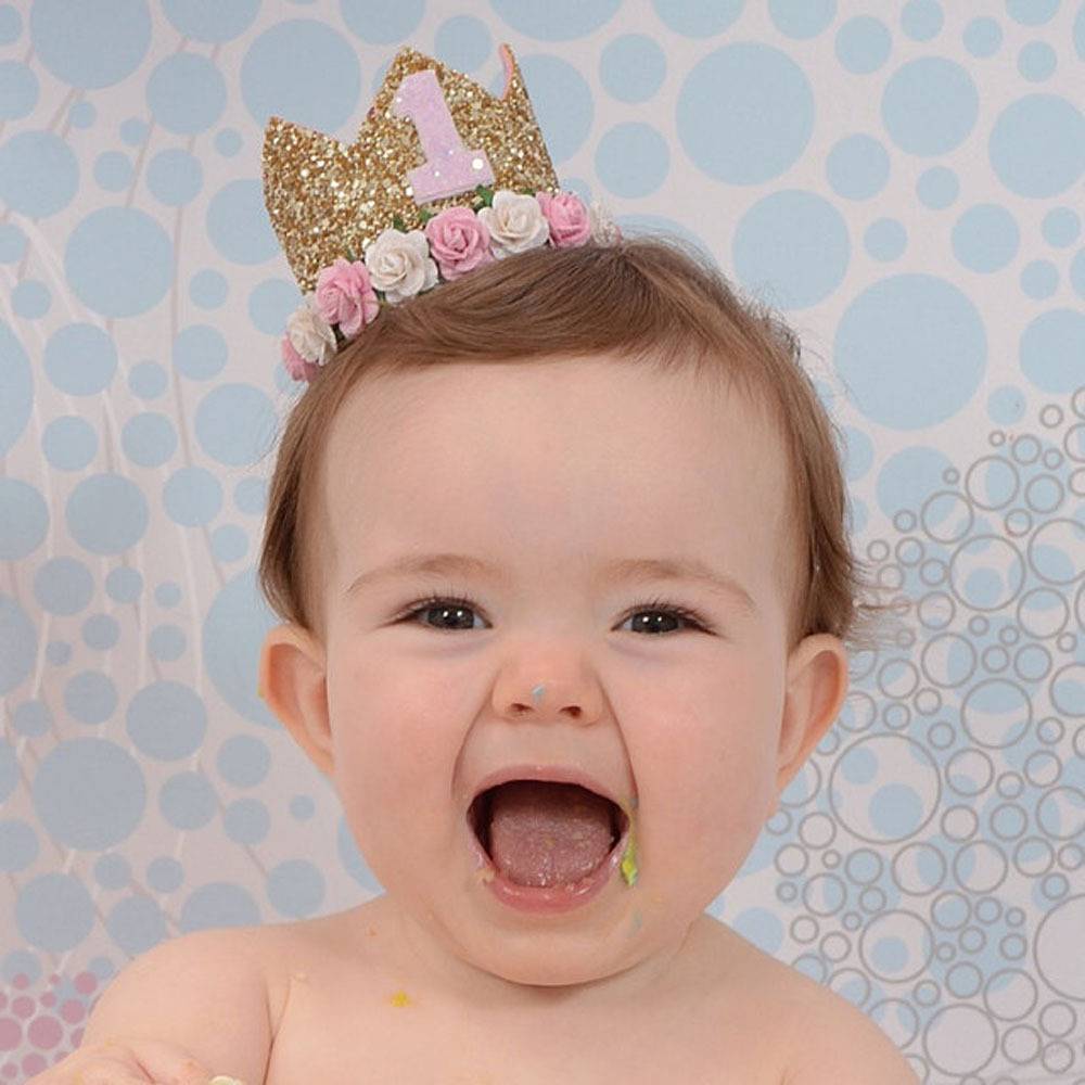 Baby Girl First Birthday Party Hat Decorations Hairband Princess Queen Crown Lace Hair Band Elastic Head Wear Hat Gifts For Kids