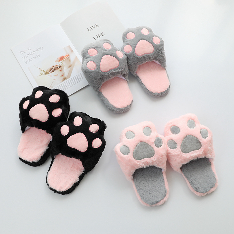 Cotton slippers female simulation rabbit fur cat paw slippers indoor home plush non-slip shoes cute home furry slippers