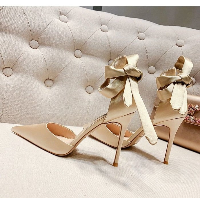 High Heel Sandals Women New Pointed Bow Shallow Mouth Single Shoes Pearl Rhinestone Wedding Shoes