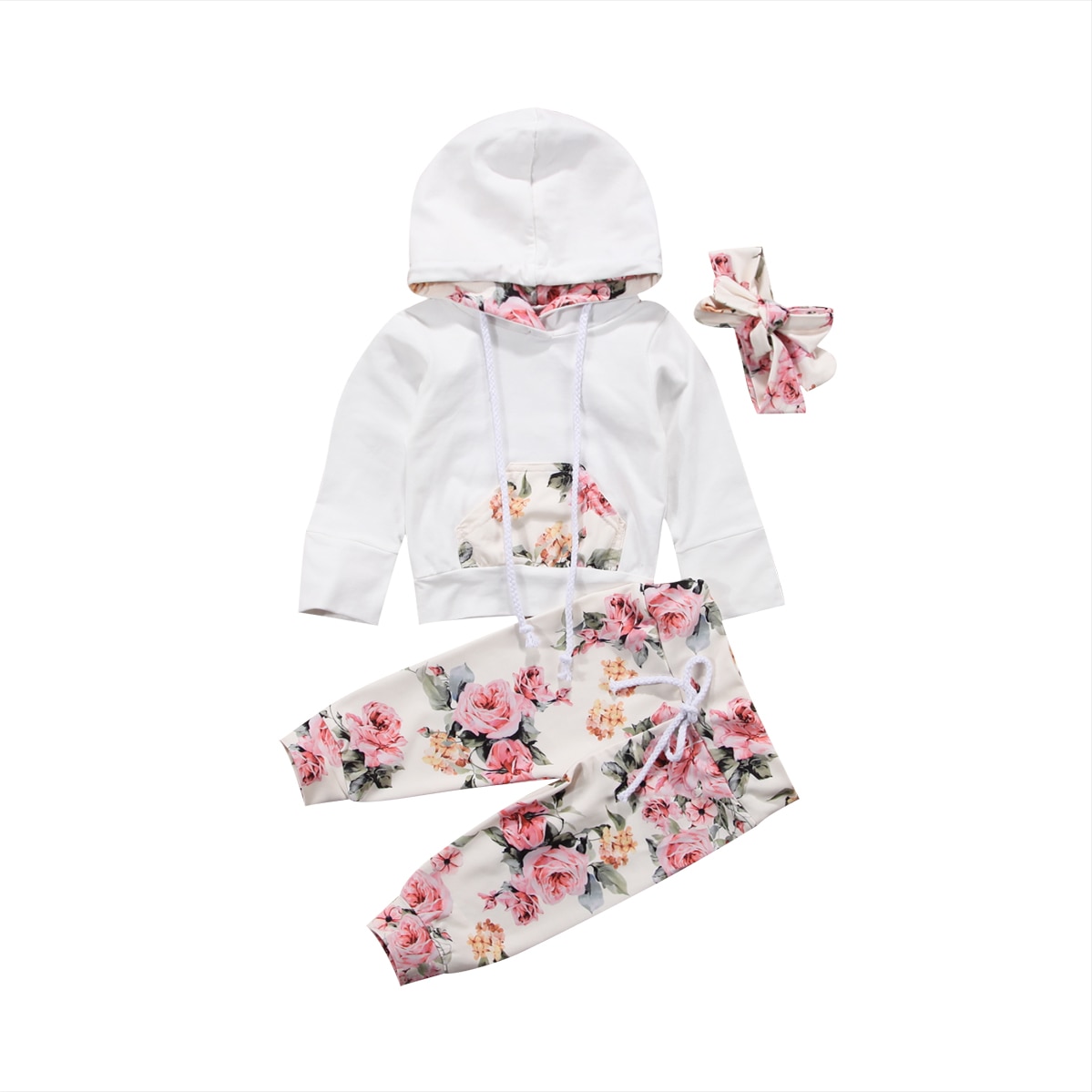 Brand New Infant Toddler Newborn Baby Girls Floral Outfit Clothes Tracksuit Hooded Tops+Leggings Pants Headband 3Pcs Set