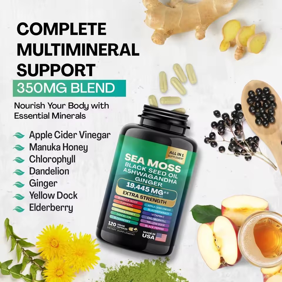 Turmeric Burdock & Ginger Sea Moss Black Seed Oil Ashwagandha Herbal Plant Extract Sea Moss Capsules Vitamin and Supplement