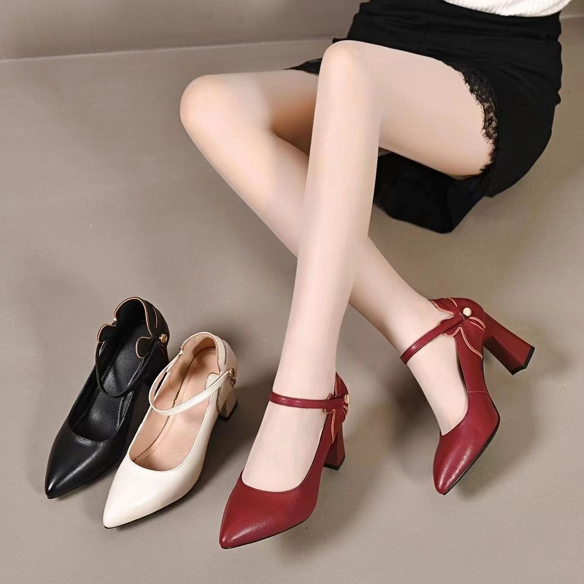 Fashion Pointed High Heels Women's Shoes Spring New Straight Line with Thick Heel Temperament Women's Fashion Shoes