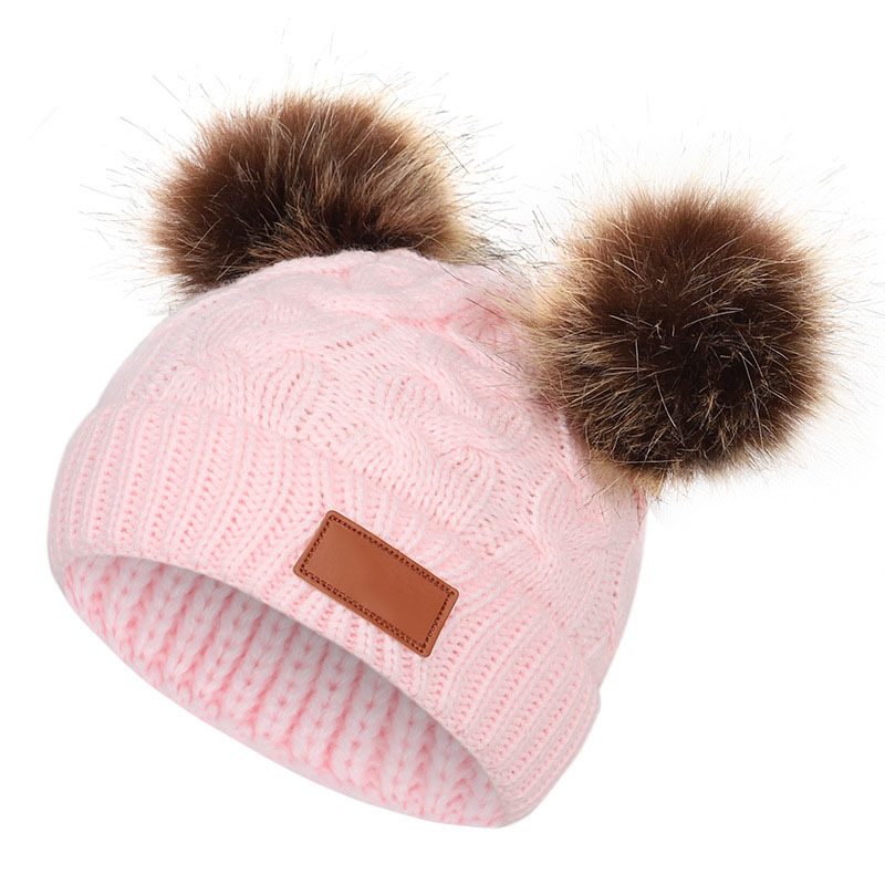Double hair ball cute 1-4 year old children's knitted hat for autumn and winter new style cotton warm baby hat hood cap