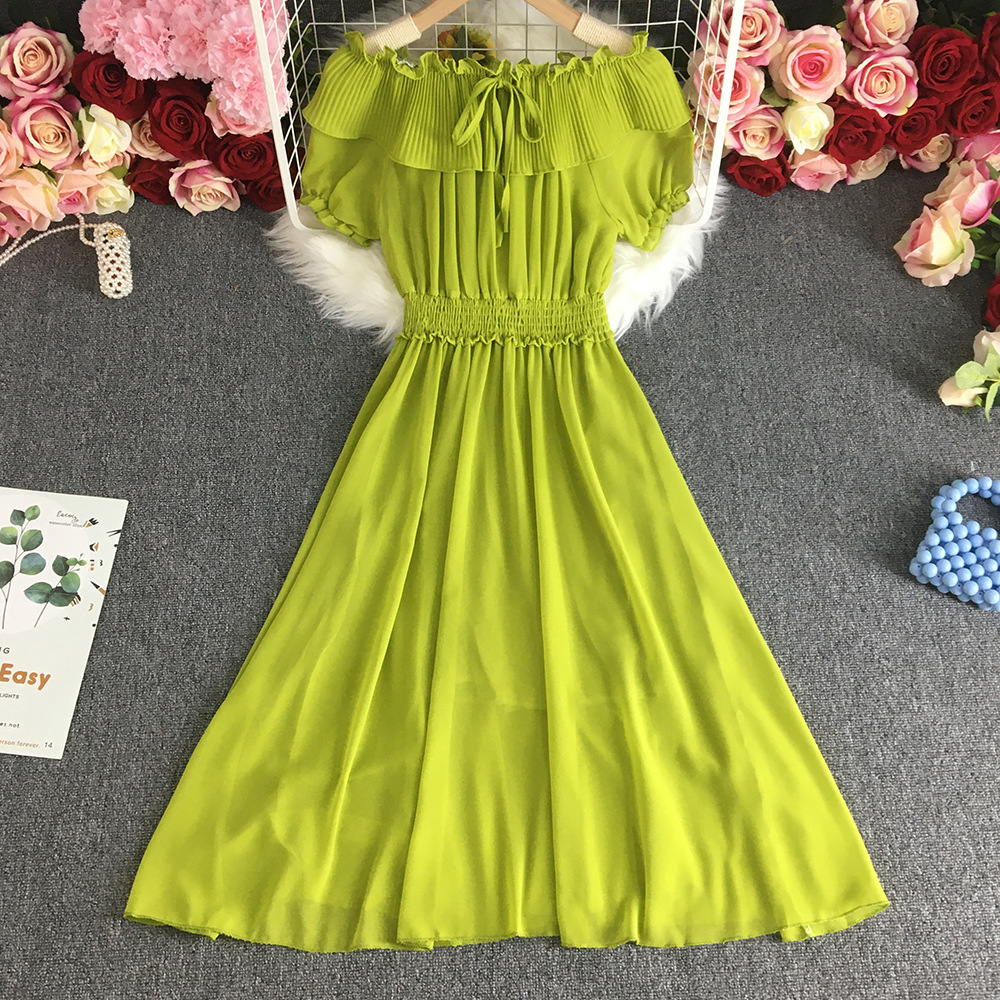 Vacation Slightly Transparent Dress Super Immortal Sweet 100 Pleated Ruffle Edge One Line Neckline Fashionable Knee Length Chiff
