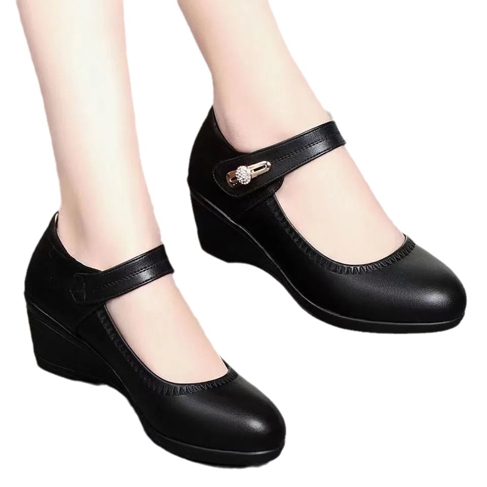Spring Casual Wedges Women Black Soft Leather Shoes Fashion Comfort Round Head Work Office Pumps Luxury Anti-slip Shoes
