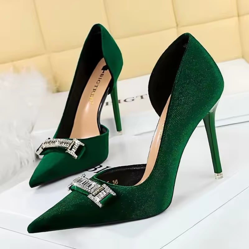 New Arrivals Fashion CRYSTAL Side Hollowing Women Corduroy Pumps Lady Wedding Bridal Thin Heels Shoes