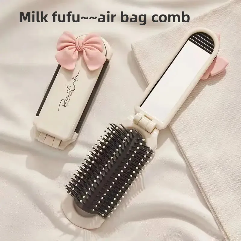 1PC Small comb milk white lamb portable portable portable mini folding airbag comb for women's bangs with folding mirror