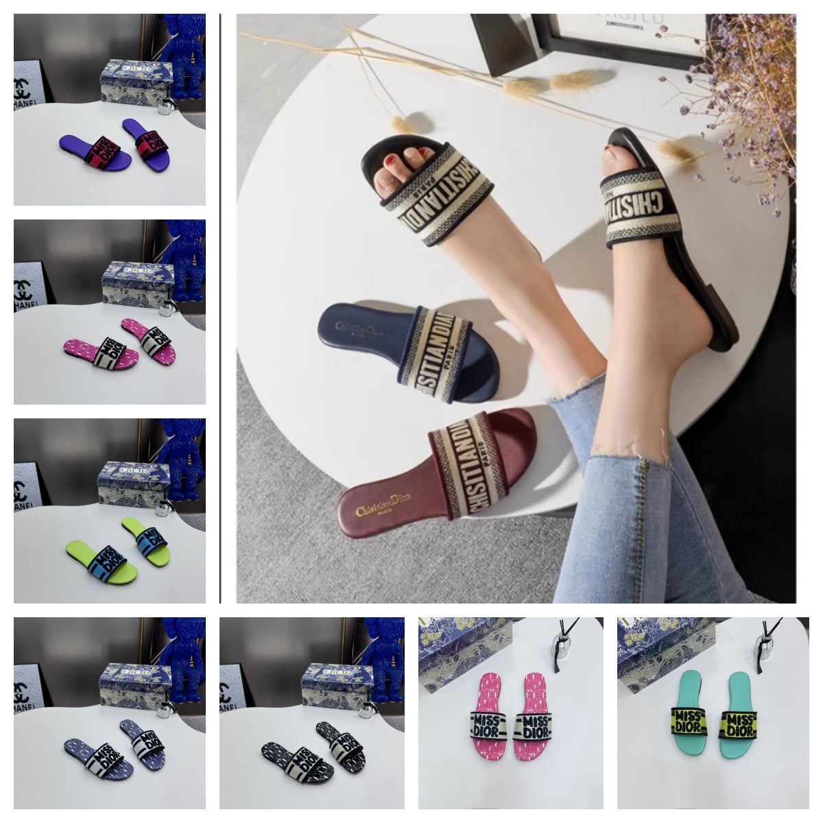 new Dior Miss Dior series flat slippers, classic embroidery plus size slippers women's letter beach casual sandals