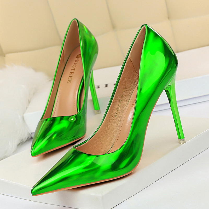 new style metal heel super high heel shiny patent leather shallow pointy sexy nightclub slim high hee