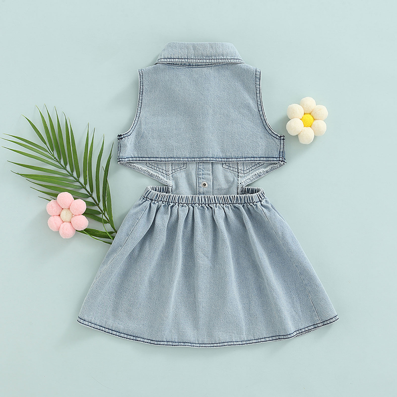 1-6Y Kids Girls Denim Dress Baby Summer Clothing Sleeveless Lapel Button-down Cut Out A-line Dress Children Casual Dresses