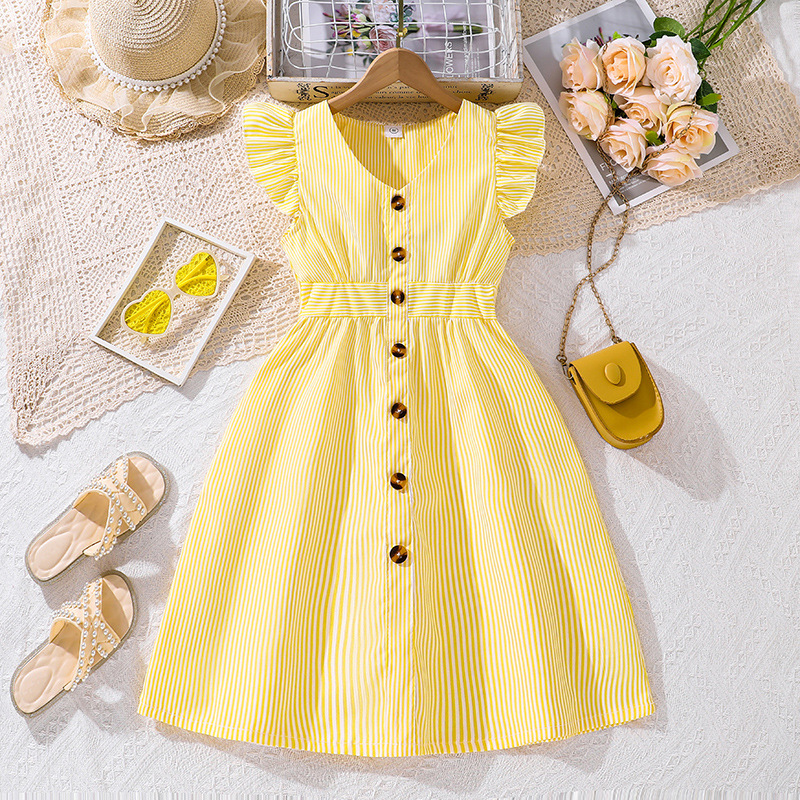 Girl Dress Summer New Light Blue Stripe Ruffled Sleeveless V-Neck Dress Elegant Cute Daily Casual Vacation Style Outifits