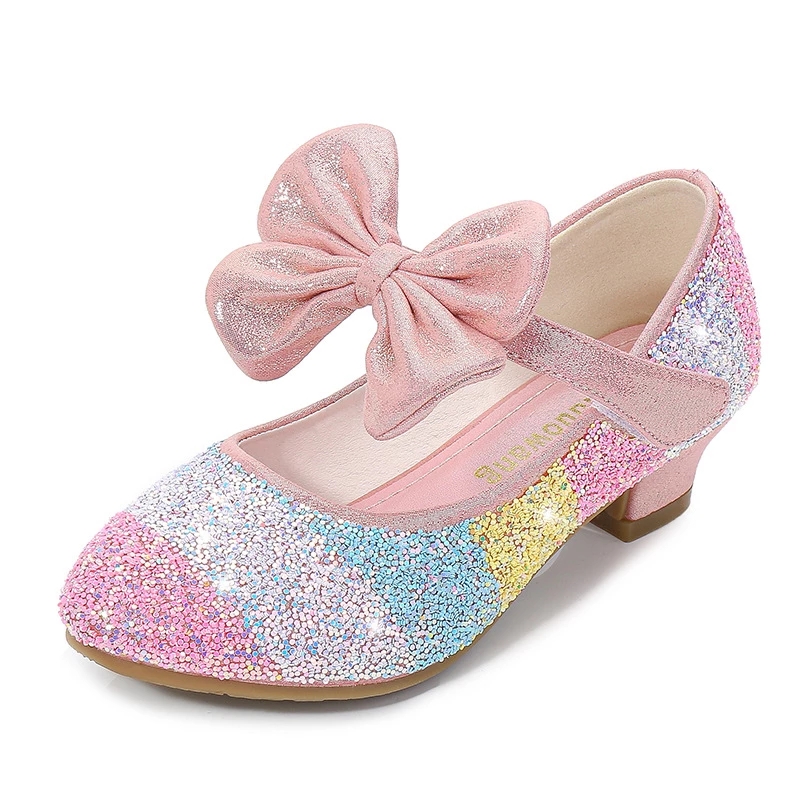 Girls Leather Shoes Princess Shoes Children Shoes round-Toe Soft-Sole Big girls High Heel Princess Crystal Shoes Single Shoes