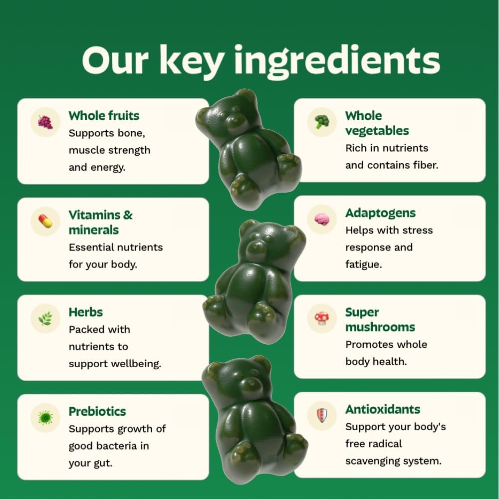Gruns Adult Super Greens Multivitamin Gummies, Superfood Gummy Vitamins for Women and Men with Spirulina, Chlorella, Adaptogens & Prebiotic Fiber for