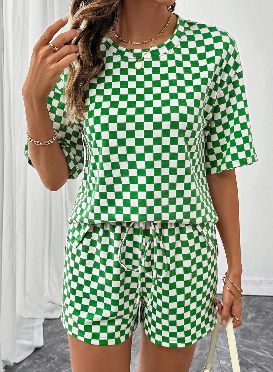 SHEWIN Women's Plaid 2 Piece Short Sets 2026 Lounge Beach Travel Vacation Outfits Matching Shorts Sweatsuit with Pockets