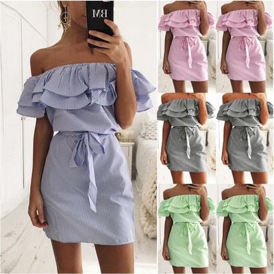 Fashion casual sexy word collar multi-layer ruffled striped lace-up colorful dress