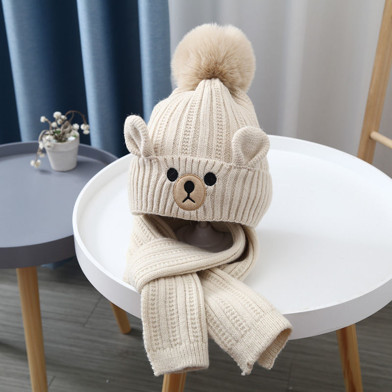 Children's hat scarf set boys and girls baby wool hat plus velvet warm toddler pullover knitted hat Korean version cute
