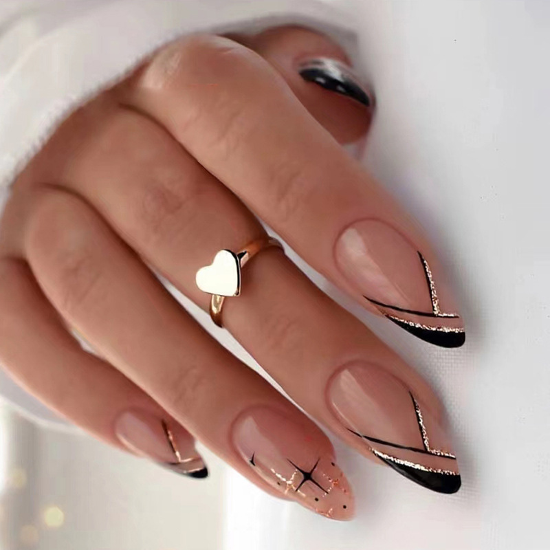 24pcs/box Fake Nails With Jelly Glue Detachable Middle Long Ballerina False Nails Flash Powder Design Wearable Full Cover Nail