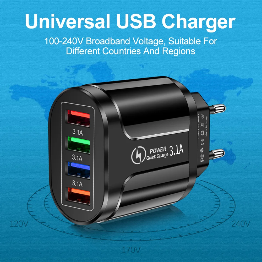 3.1 Quick Charge 4 USB EU US Plug Charger Phone Adapter for iPhone 14 Pro Max Tablet Portable Wall Mobile Charger