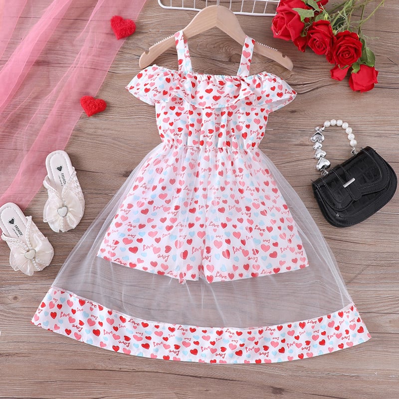 Children's clothing 2024 new product girls summer sweet love jumpsuit patchwork mesh skirt K322-C