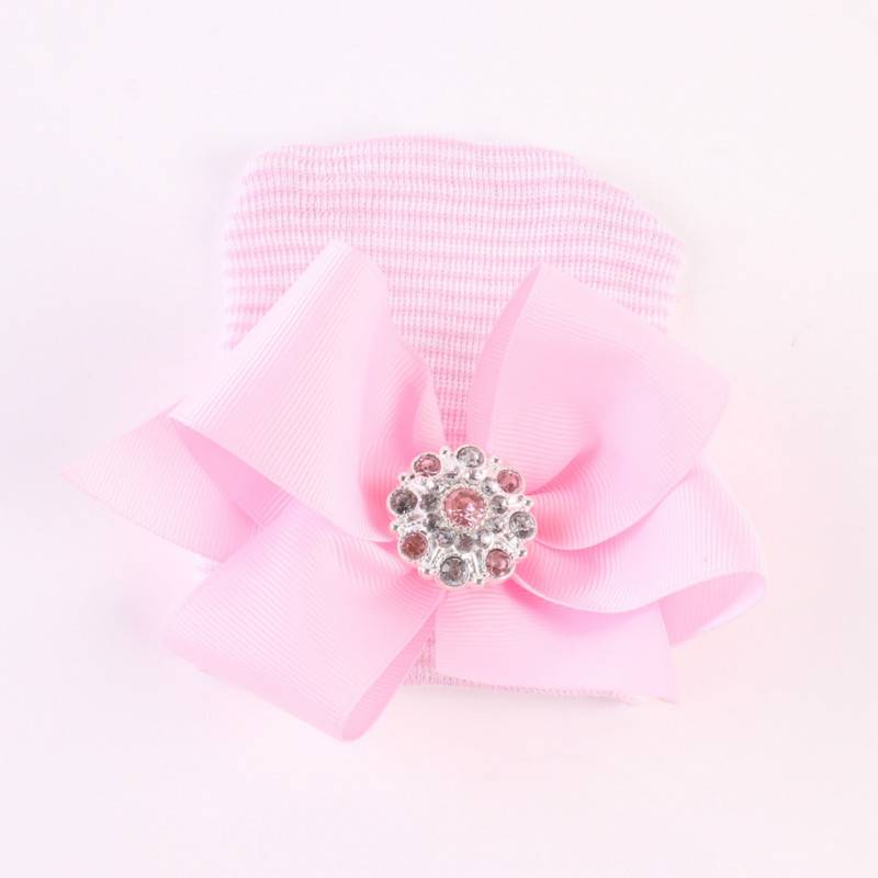 Big bow tie shiny diamond Pink Stripe girl baby knitting hat newborn baby Pullover hat